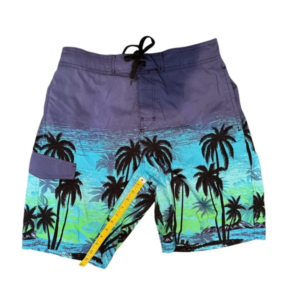 Men's Tropical Palm Print Swim Shorts - Blue/Green